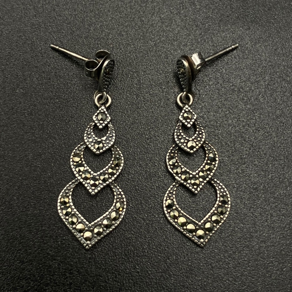 Vintage Earrings Sterling Silver Marcasite Tiered Heart Drop Dangle 1.25" SLC